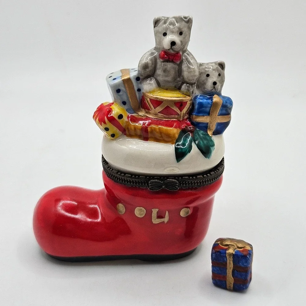 VTG Christmas Stocking Trinket Box Teddy Bears Gifts Hinged Ceramic Mini Present